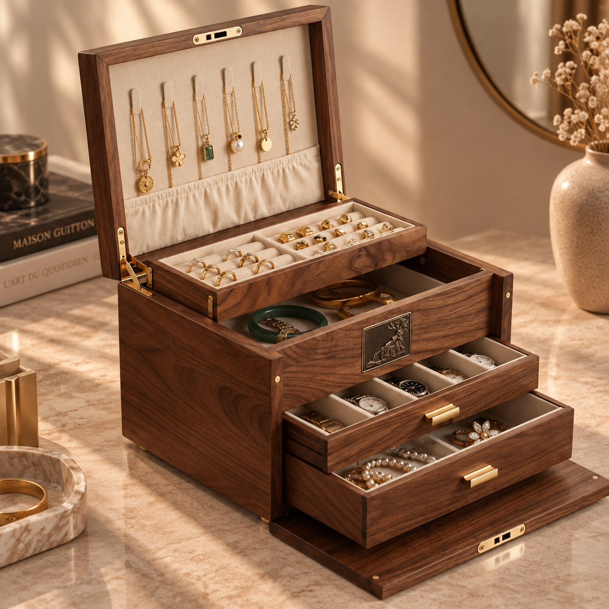 Grande Boîte à Bijoux Noyer – Multi-Tiroirs