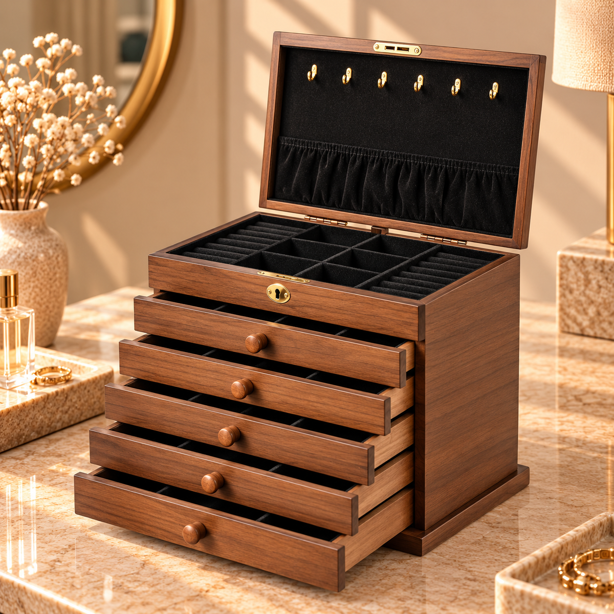 Wooden Jewelry Box – Integrated Mirror