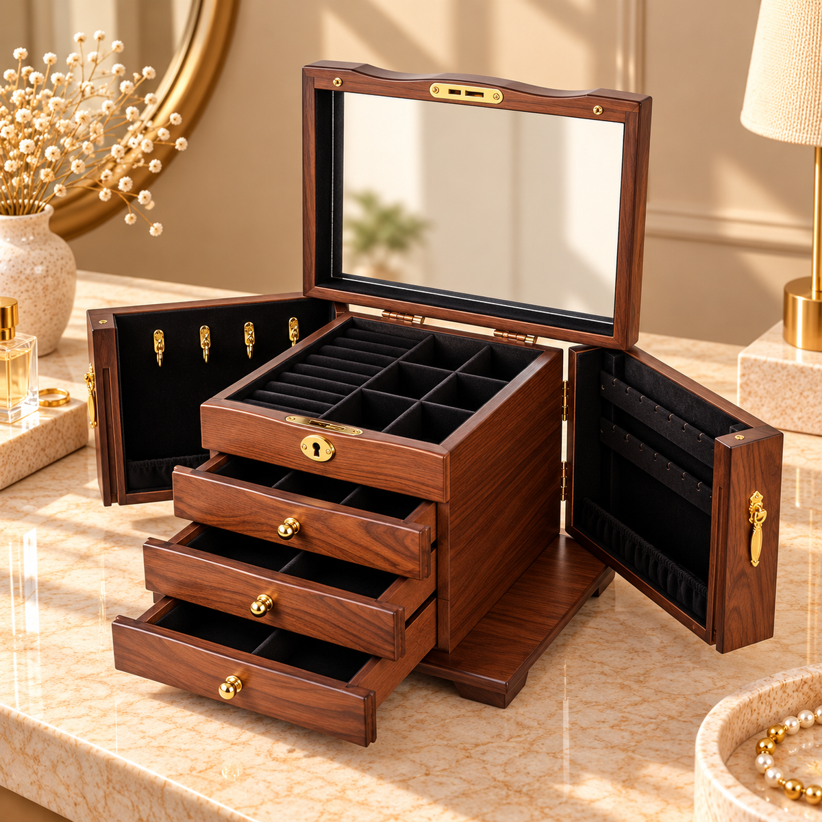 Walnut Jewelry Box – 5 Drawers Glass Door