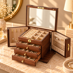 Boîte à Bijoux Noyer – 5 Tiroirs Porte Vitrée