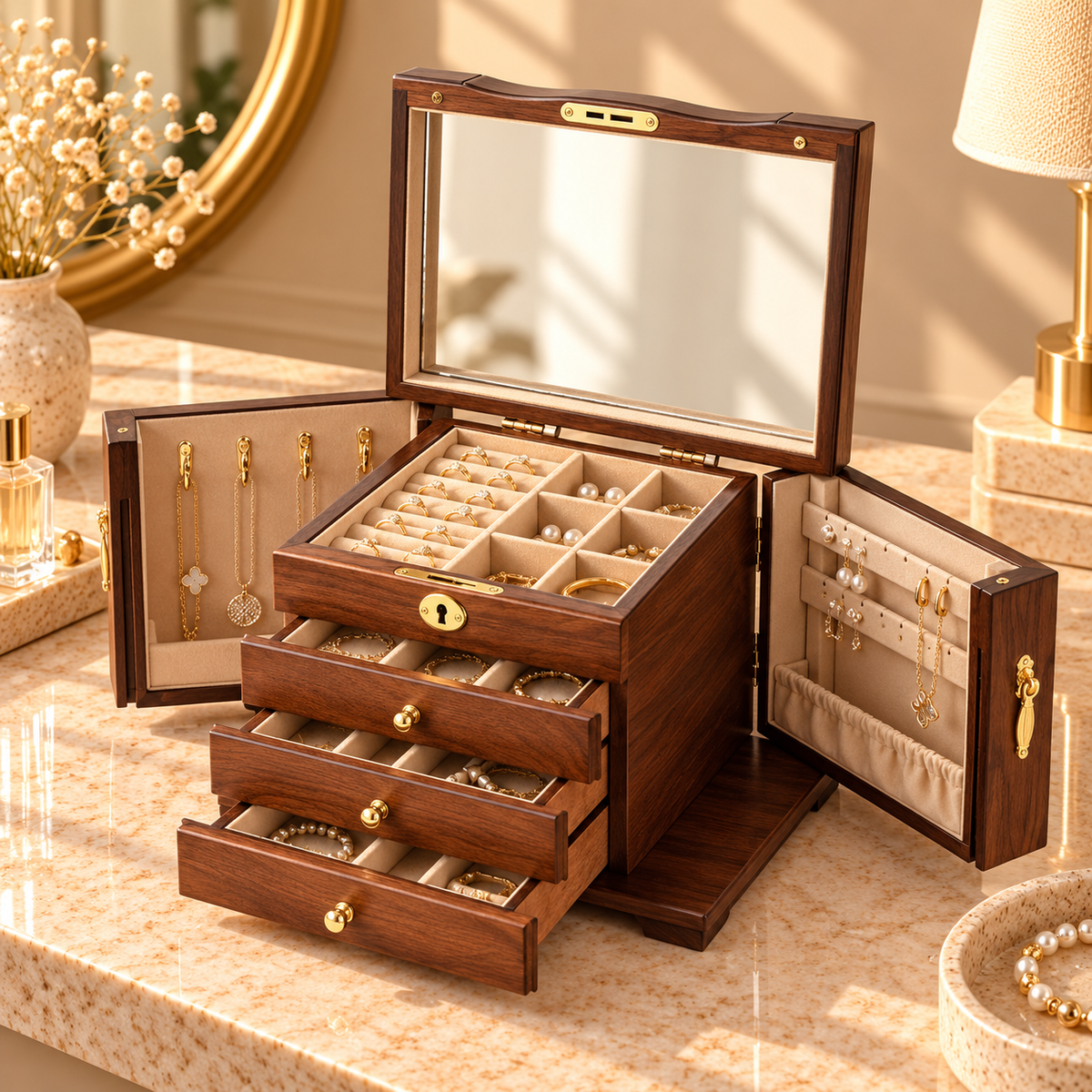 Walnut Jewelry Box – 5 Drawers Glass Door